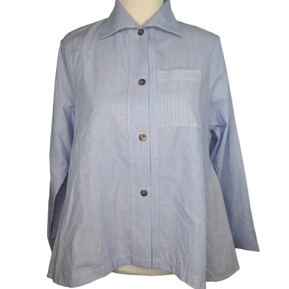 Vitamin Top Blue White Stripe Small Cotton Button Blouse Long Sleeve Oversize